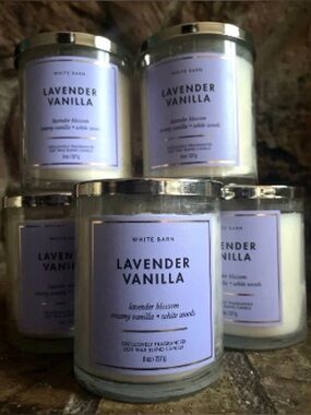 White Barn Cream Wax Candle with Lavender Label and Silver Lid